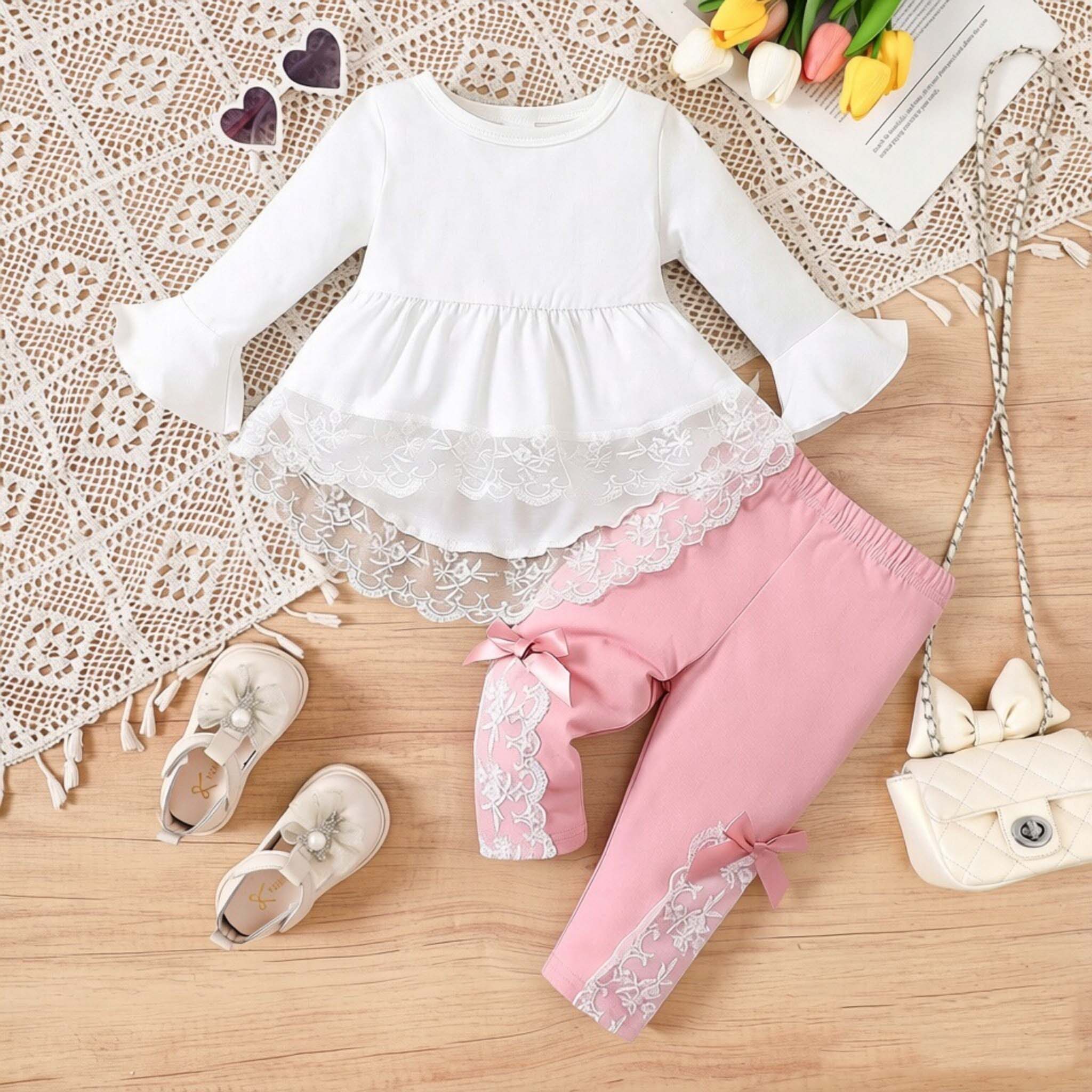 Baby Girl Outfit Spring Autumn Long Sleeve Lace Irregular Dress Two Piece Set Color Block Bow Bell Sleeves Newborn Infant Clothes 3-6M