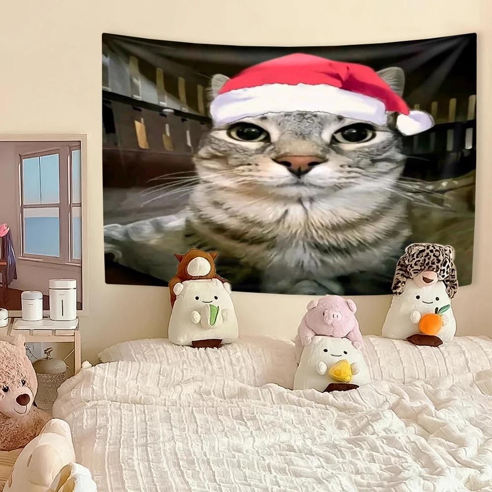 Funny Cat Meme Tapestry Kawaii Animal Home Decor Wall Hanging Bedroom Dorm Background Festival Gift