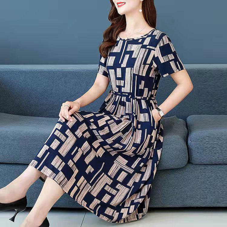 Plus Size Summer Dress for Middle-Aged & Elderly Women - Short Sleeve, Mid-Length - Southeast Asian Style