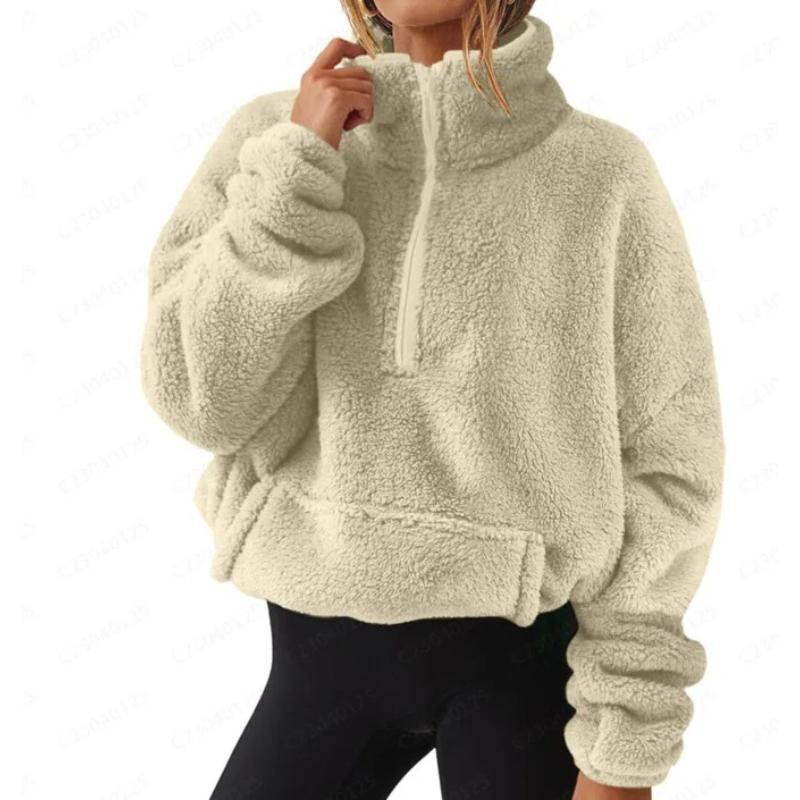 Casual Plush Sweatshirt Women Autumn Winter Fashion Loose Solid Color Pullover High Collar Zipper Pocket Long Sleeve Top