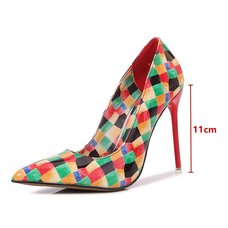 Fashion Fashion Geometry Plaid Printed Patent leather Women Pumps Elegant Pointed toe Stiletto High Heels Spring Autumn Office Lady Shoe