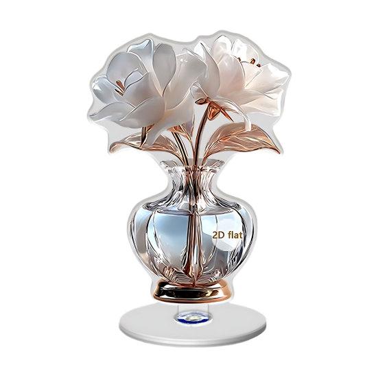 2D Flat Flower Ornament, 360-Degree Rotating Vase Acrylic Ornament with Base, Flower Vase Tabletop Decoration for Home Desk Shelf Decor