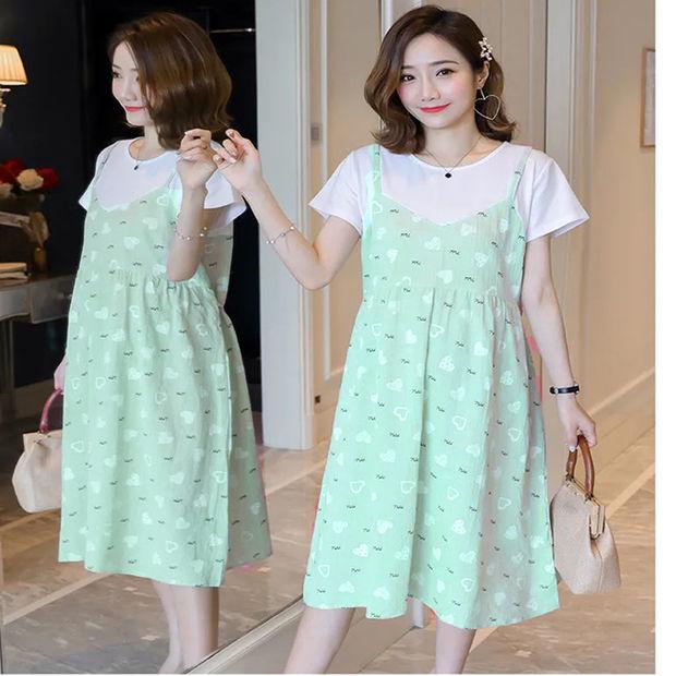 2025 Celebrity-Inspired Maternity Summer Two-Piece Patchwork Dress - Short Sleeve, Mid-Length, Loose Fit