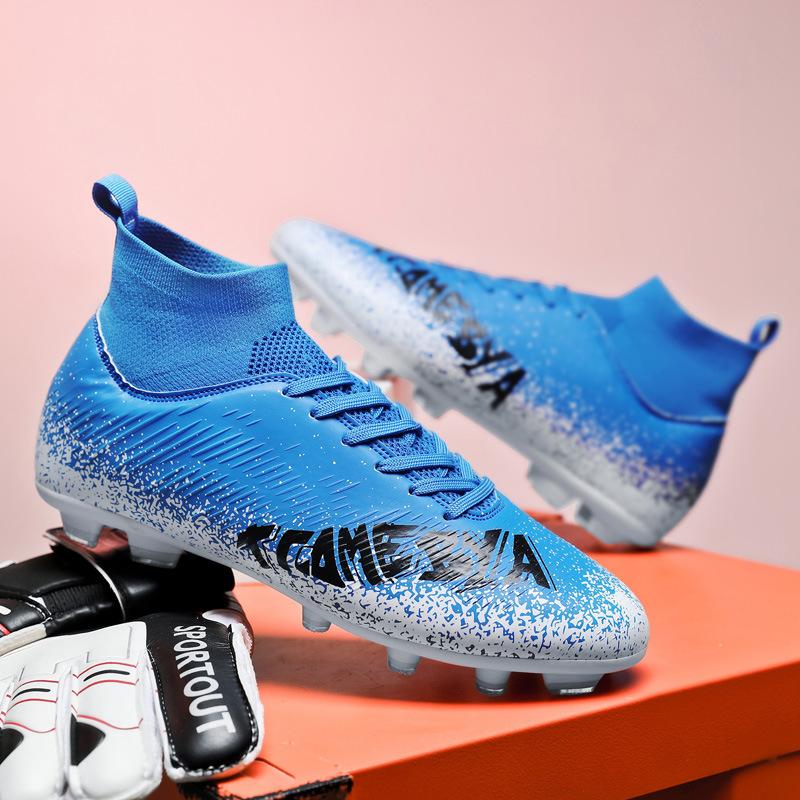 

Футбольные бутсы Cross border с высоким верхом из кожи, большие размеры для мужчин и женщин, для детей, сломанные ногти, искусственный газон, AG, длинные ногти, мандаринка, тренировка 45