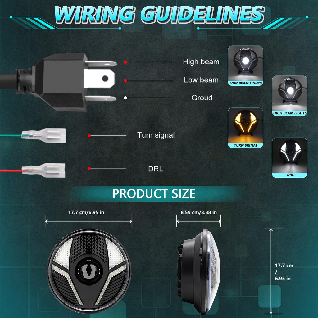 7 Inch LED Headlight, 1 PCS Round Headlamp with High Low Beam DRL Turn Signal Replacement for Jeep