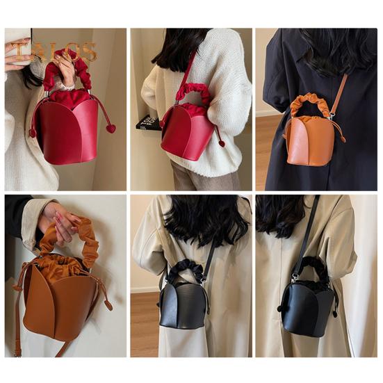 Women's Petal Bucket Bag Vintage Faux Leather Drawstring Handbag with Adjustable Strap Tote Shoulder Purse Crossbody Bag for Shopping Work