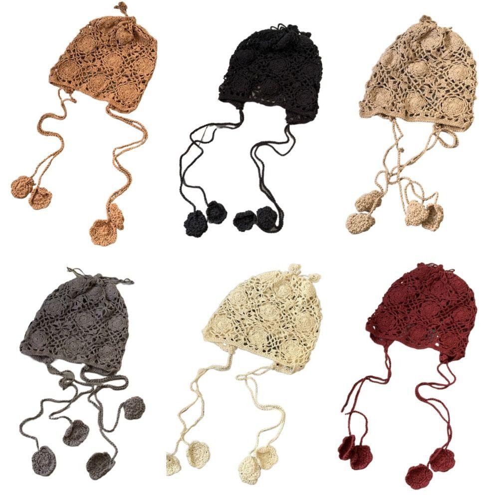 

Flower Knitted Hat Hollow Handwoven Pile Hat Sweet Beanie Hat Hair