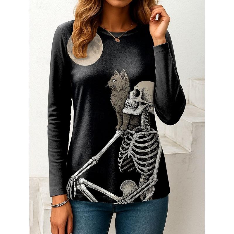 Women's Halloween 3D Printed Skull Long Sleeve Shirt Autumn Loose Casual Polyester Round Neck Fashion Casual Top