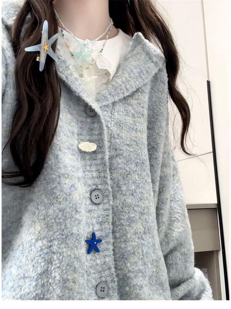 

Women s Gray Knitted Hooded Cardigan - New Spring/Autumn Petite High-End Sweater Coat One Size
