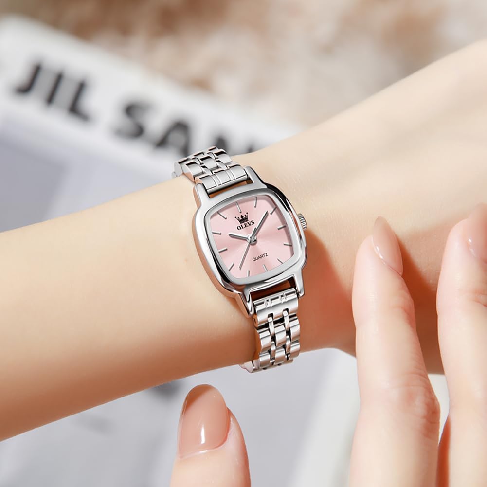 OLEVS Slim Quartz Slim Stainless Square 3 ATM Water Office Pink Women's Watch, Movement, Steel, Dial, Resistant, Wear, Gift,