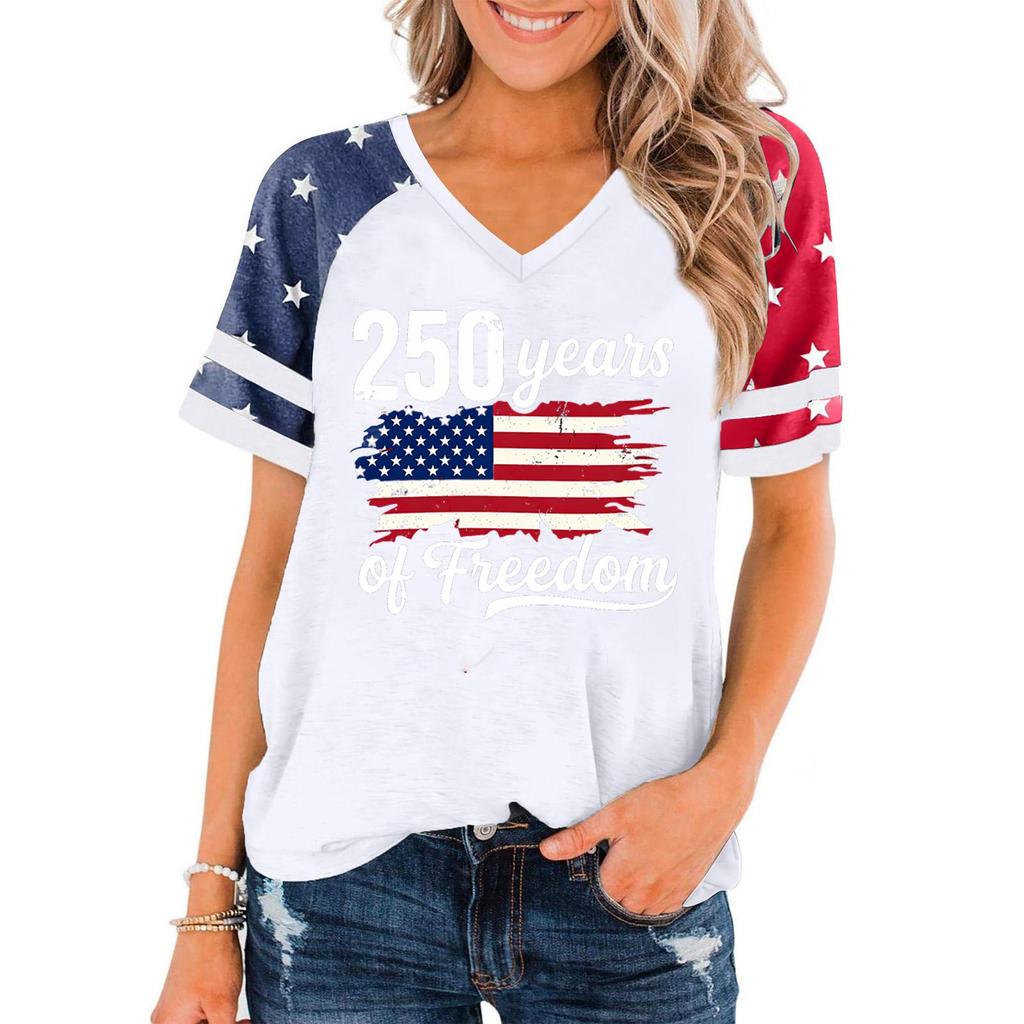 T-shirt Pull Manches Courtes Col en V Décontracté pour Femme avec Impression Graphique Jour de l'Indépendance Coupe Ample Top d'Été