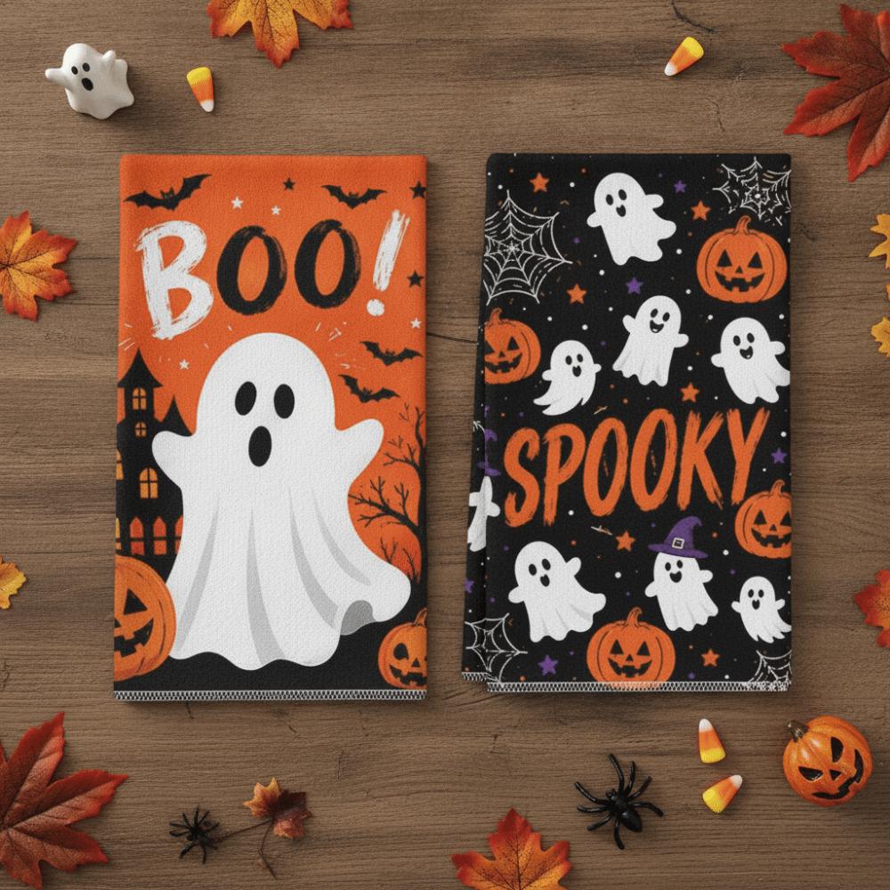 2PCS Ghost Pumpkin Pattern Halloween Kitchen Towel Quick Drying Kitchen Dishcloth Bathroom