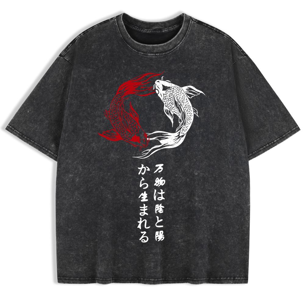 Japanese Koi Harajuku Printing Washed T-Shirts Mens Cotton Oversized T Shirt Summer Short Sleeve Tops O-Neck Clothes
