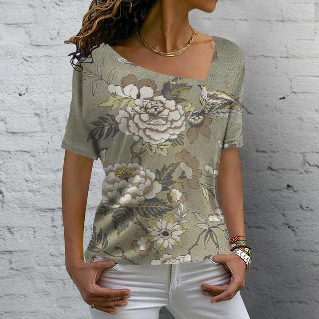 V-neck Fashion T Shirt Summer Flower Printing Short Sleeve Women's Casual Basic T-Shirt Ladies Vintage Elegance Tops