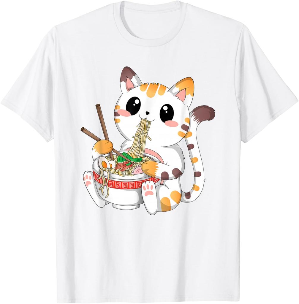 Cute Ramen Eating Kawaii Cat Graphic Tee Anime Neko Lovers Casual Cotton T-Shirt