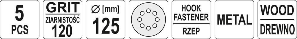 Velcro Sanding Discs with Holes 125mm, P120, 5 Pcs YT-83455 YATO