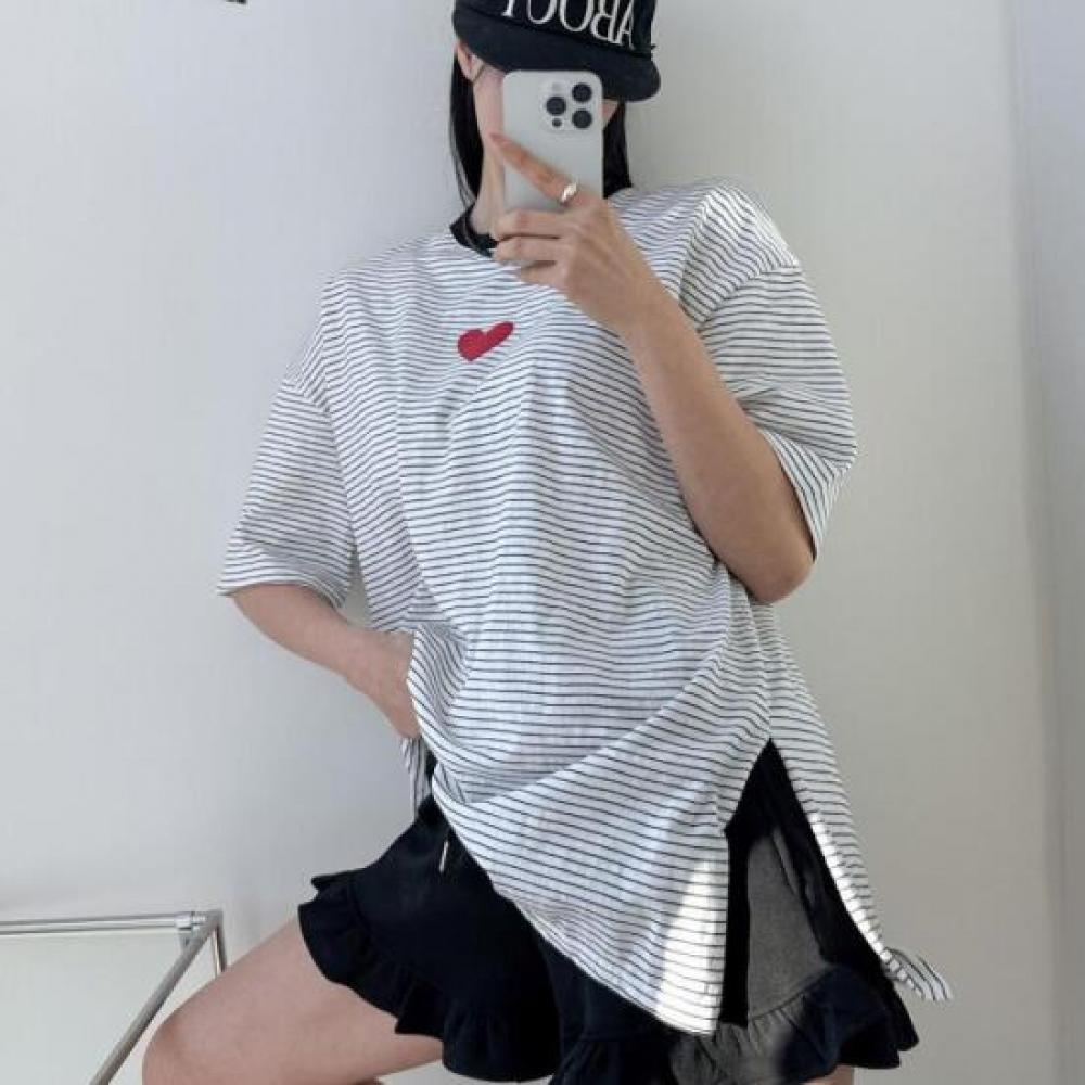 New Arrivals Open Run HearT STripe ShorT Sleeve T shirT Women Loose fiT Ringer