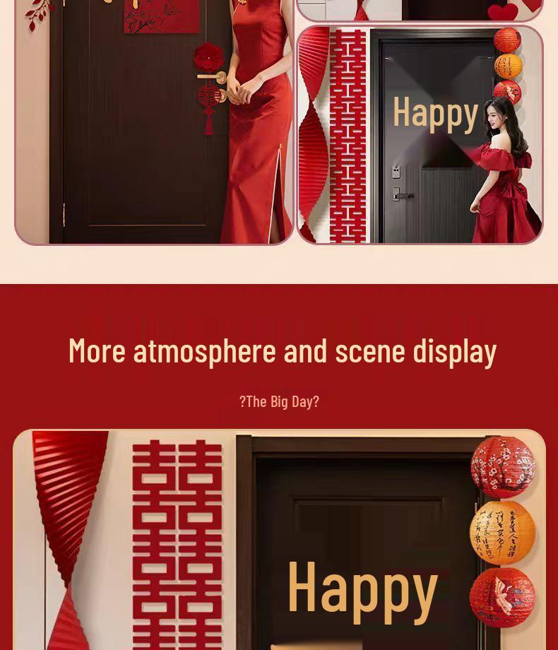 Wedding Decoration Set: Groom & Bride Xi Character Door Stickers & Hanging Ornaments