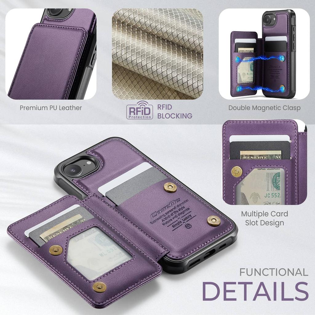 For iPhone 17e 16e Wallet Case PU Leather Flip Cover RFID Blocking Card Holder Magnetic Clasp Kickstand Shockproof Phone Case