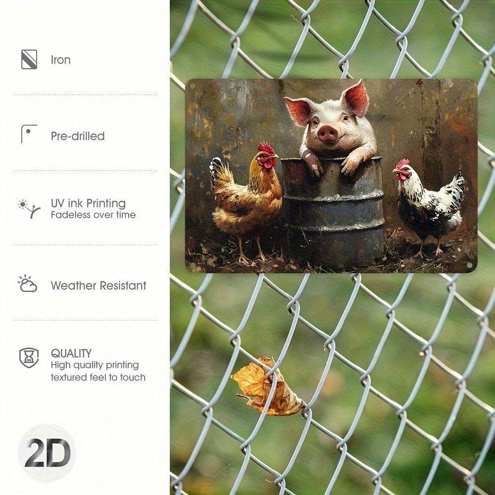 Metal Poster Vintage Farm Animals Pig Chicken Rustic Kitchen Wall Decor