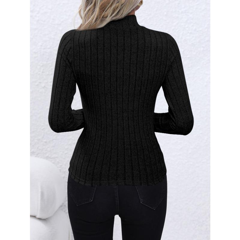 Solid Color Faux Neck Ribbed T-Shirt, Elegant Long Sleeve Slim Fit Hundred Tops for Women
