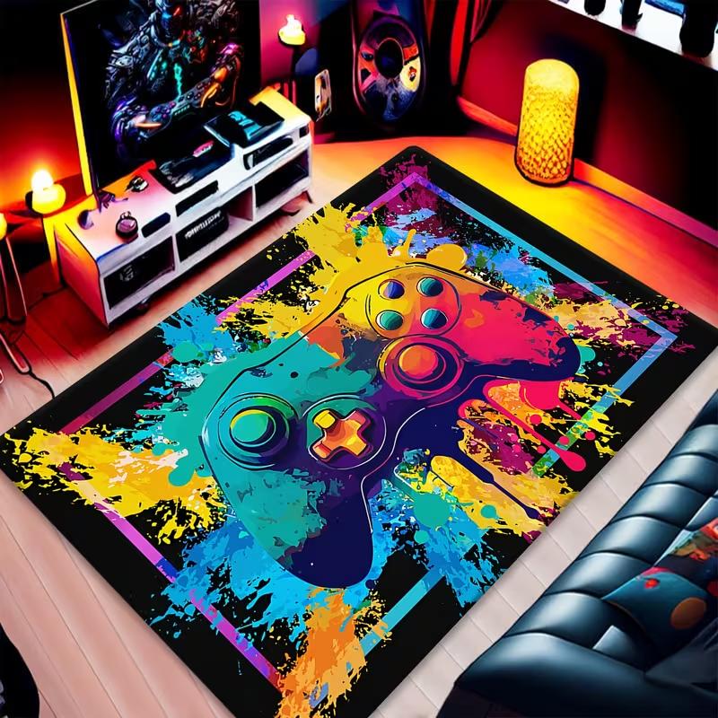 Gaming Area Rug Neon Glow Game Over Letter Controller Floor Mat Soft Non-Slip Video Game Carpet for Living Room Game Room