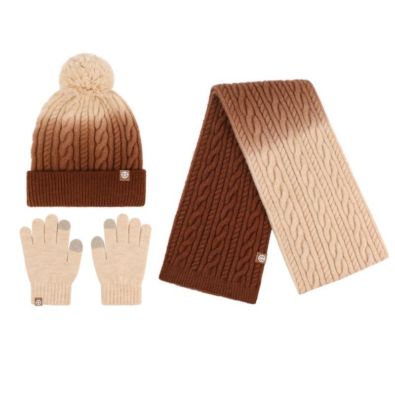 

Детская вязаная шапка с постепенным изменением цвета, зимняя теплая уличная шапка с помпоном, шарф и перчатки, набор из трех предметов для девочек