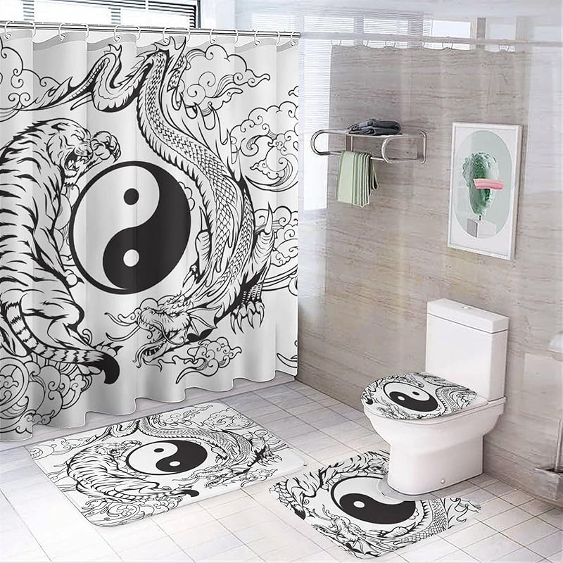 Cool Black and White Dragon and Tiger 4 Pieces Shower Curtain Set,Metaphysical Sky Dragon and Tiger Yin Yang Non-Slip Rugs Toilet Lid Cover Bath Mat