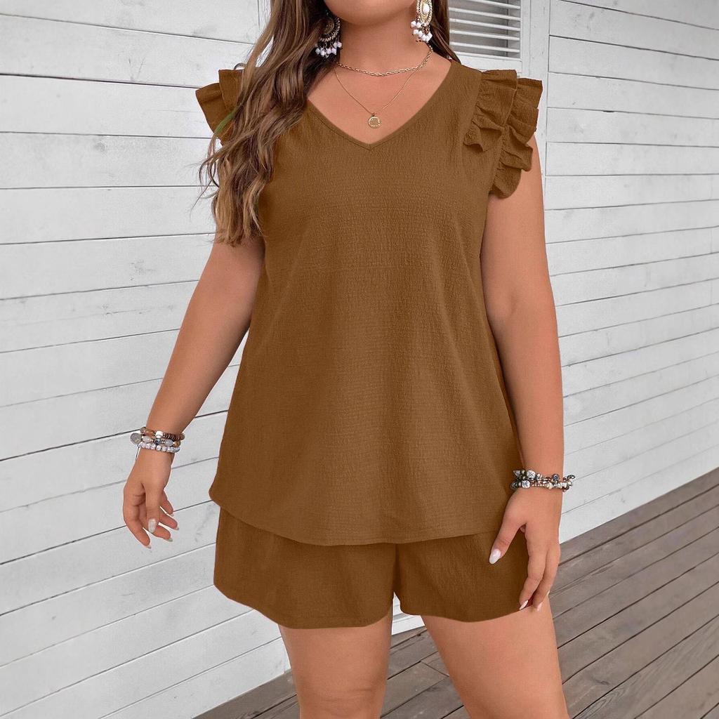 Spring and Summer Women's Casual V-neck Ruffled Vest, Top and Shorts Two-piece Set