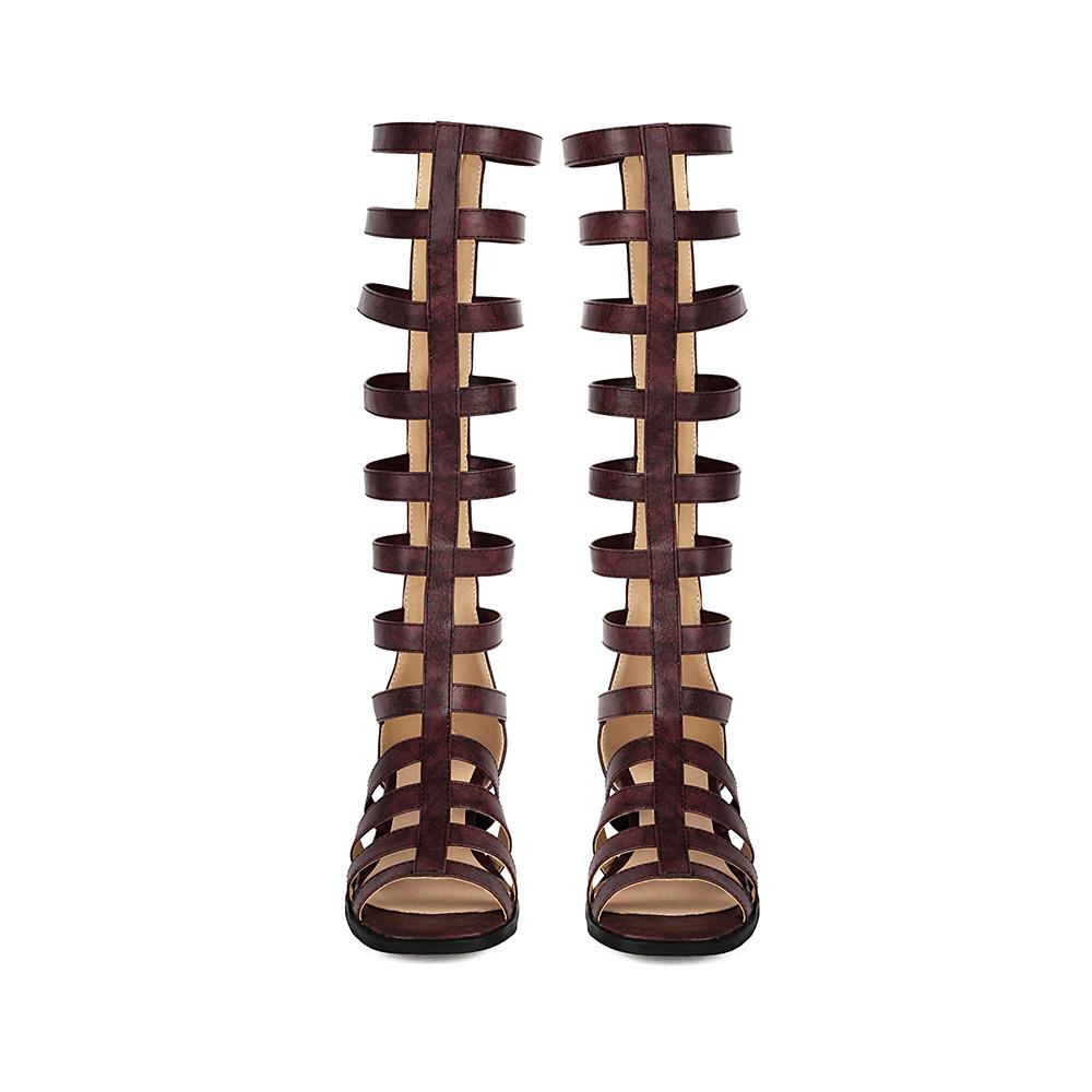 Brown Women Gladiator Sandals Med Block Heel Lady Casual Shoes Large Plus Size 48