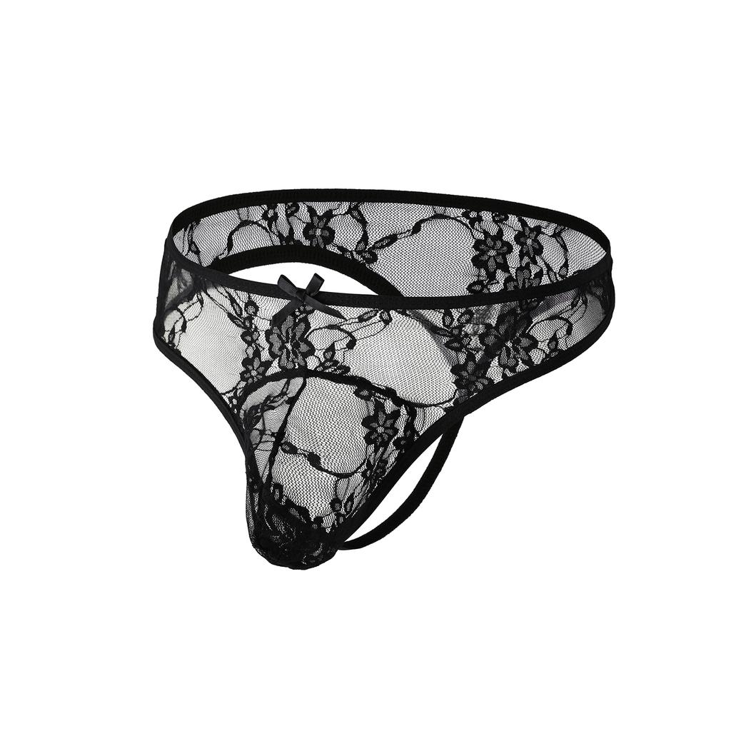 Man Lace Underwear Bikini Men's Thong Sissy Panties Sexy Tanga Underpants G String Penis Pouch Black Bow Tie Lingerie T-back