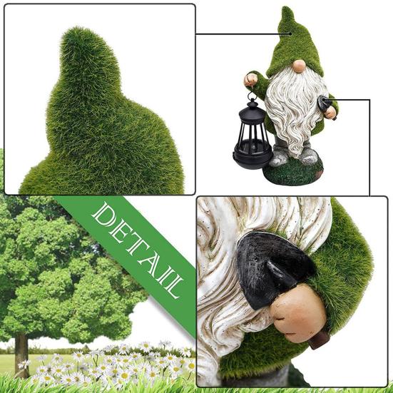 Garden Gnome Solar Light Dwarf Statue Holding Solar Lantern Flocked