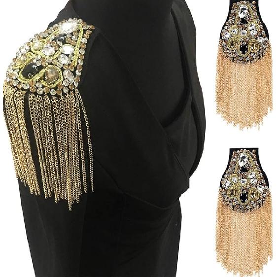 Tassel Chain Shoulder Board Badges Beads Rhinestones Patch Epaulet Epaulette Applique for Military Suit 2 Pieces