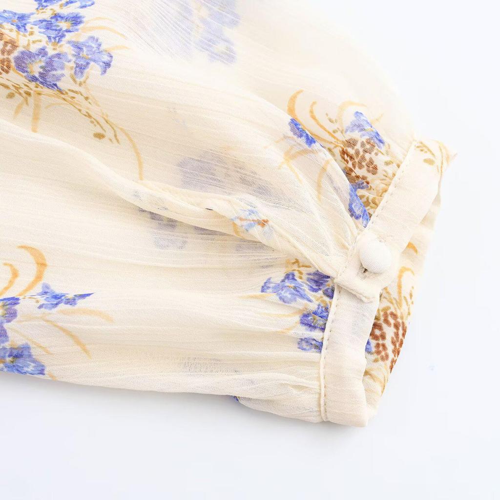 2025 Spring/Summer Floral Print Semi-Sheer Tie Long Sleeve Women's Shirt