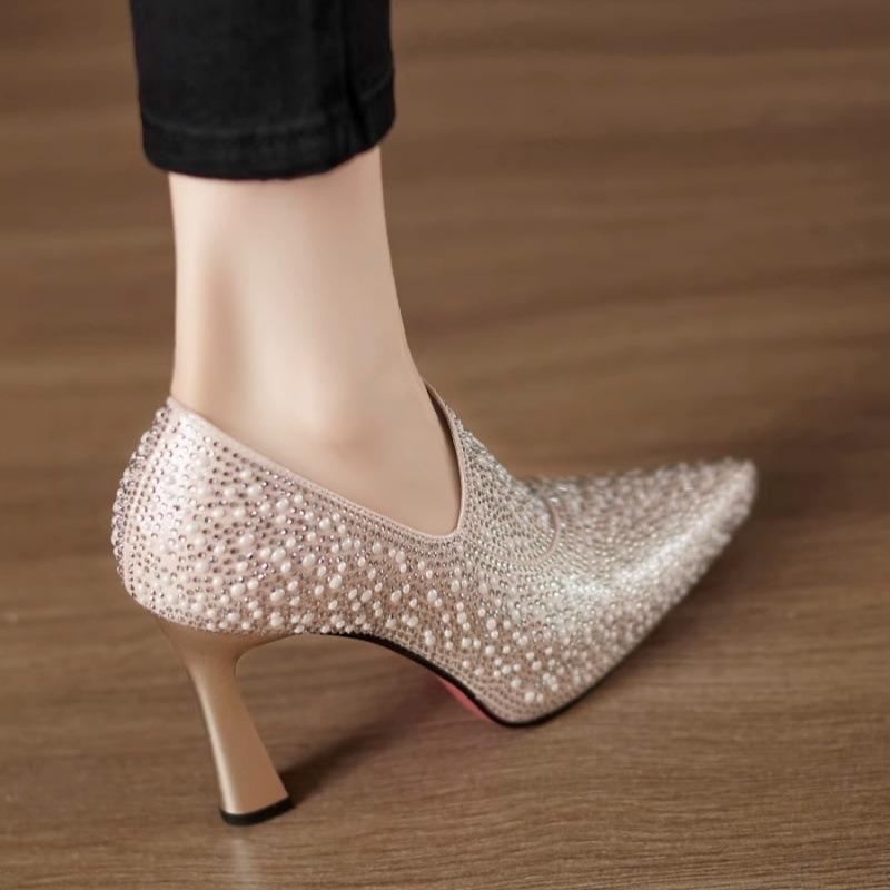 Scarpe con Tacco Alto Strass Scarpe Sexy a Punta Alta Scarpa Singola Lusso Perla Cristallo Scarpa da Sposa Pumps Color Champagne Scarpe da Sposa