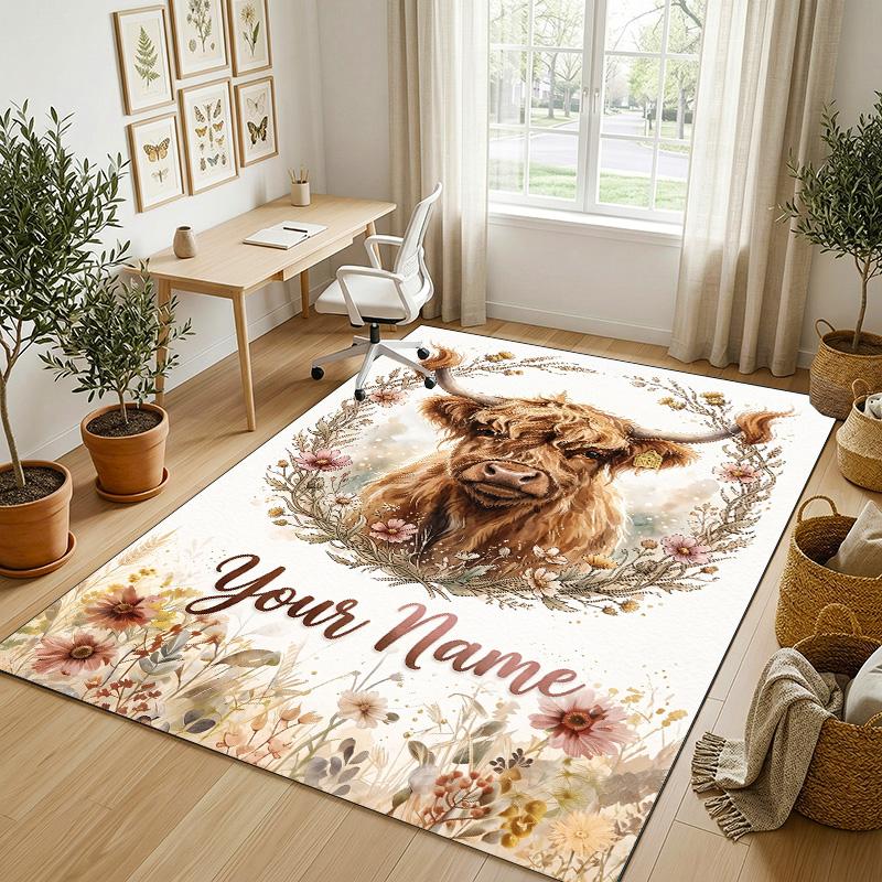 Cow Highland Theme Crystal Velvet Rug Personalized Custom Name Text Soft Floor Mat Home Decor
