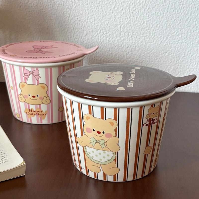 Cartoon Bear Cute Instant Noodle Bucket Household Storage Tank Large Capacity Ceramic Bowl Soup Bowl High Value Student Instant Noodle Bowl