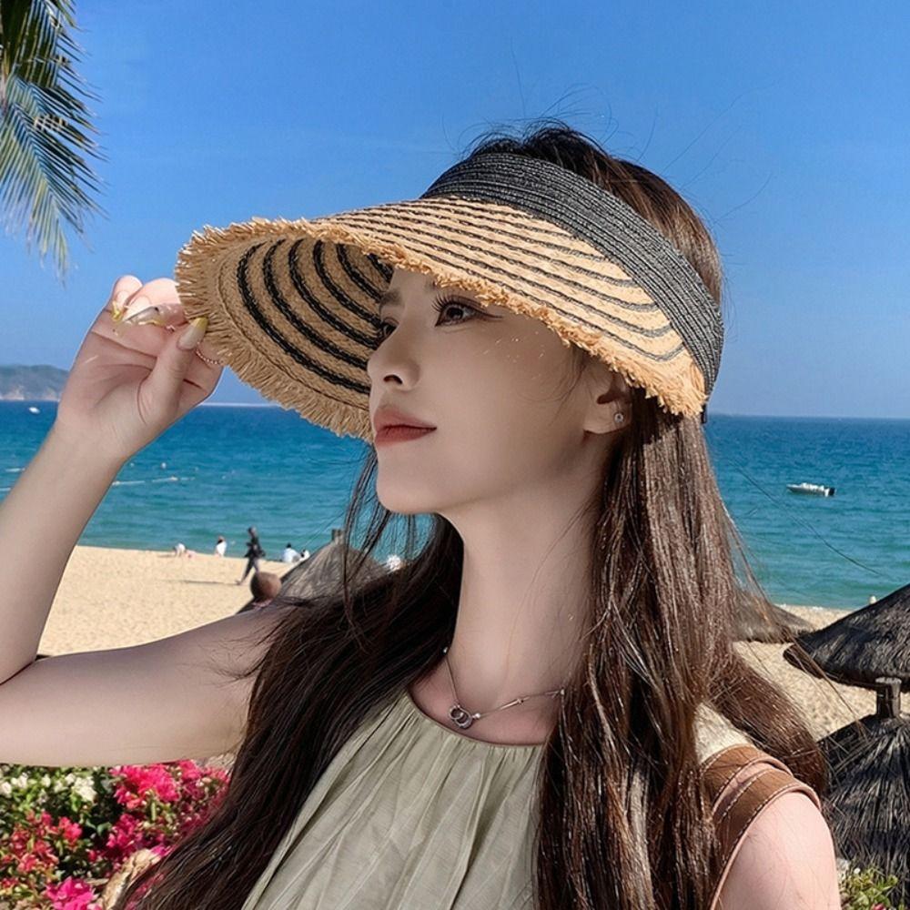 Solid Color Wide Brim Woven Breathable Folding Sunshade Hat Empty Top Straw Hat Seaside Vacation