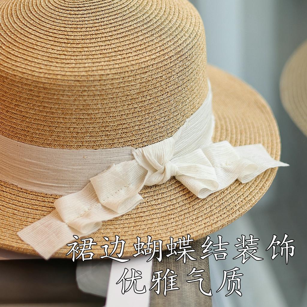 Japanese sweet skirt bow flat top hat women's spring and summer straw beach vacation versatile sunshade top hat