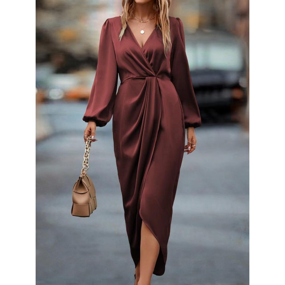 HNXC Women's Fashion Autumn Winter Solid Color Print Long Sleeve V-Neck  Casual Dresses