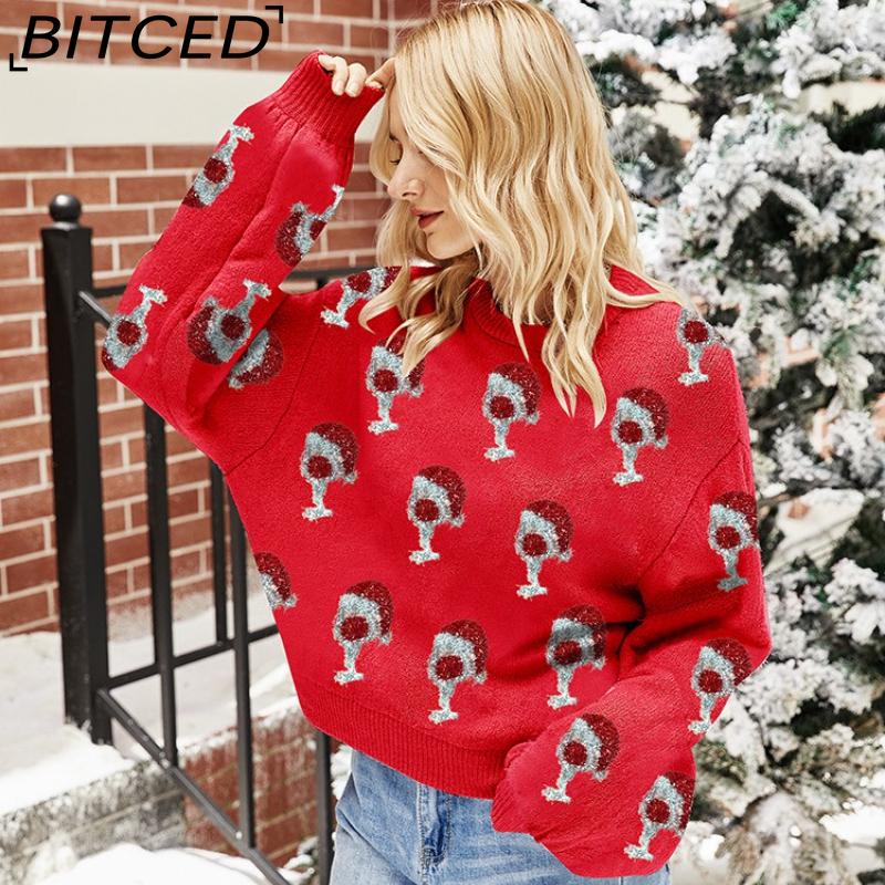 BITCED Fall/Winter Women's Pink Bubble Sleeve Pullover Christmas Sweater