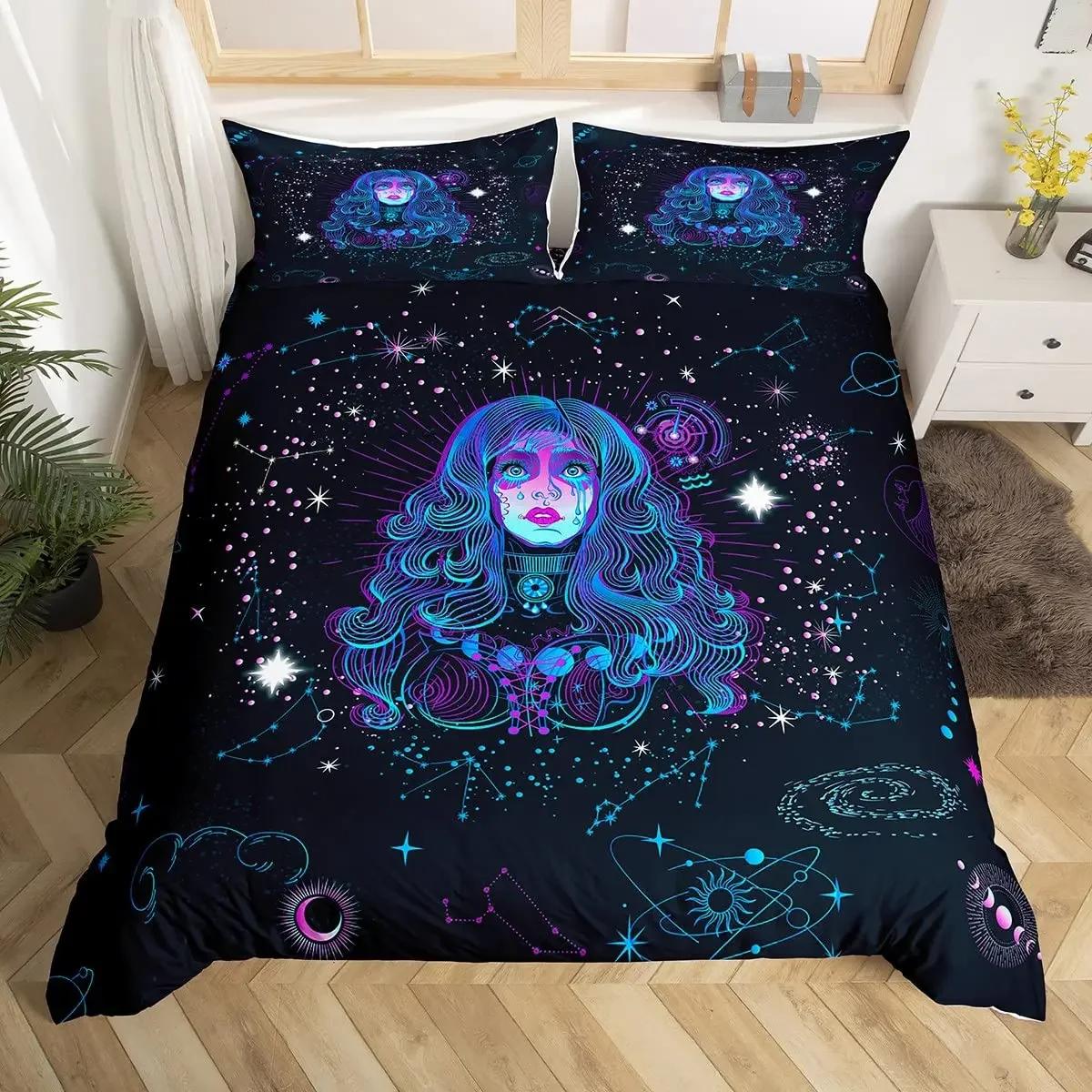 

Constellation Duvet Cover Set Twin Mysterious Zodiac Comforter Cover Starry Sky Galaxy Bedding Set Blue Rose Flowers Quilt Cover EU Single(135x200cm)