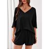 Women's Two Piece Lounge Outfit Set V Neck Half Sleeve Solid Tops and Pocket Shorts