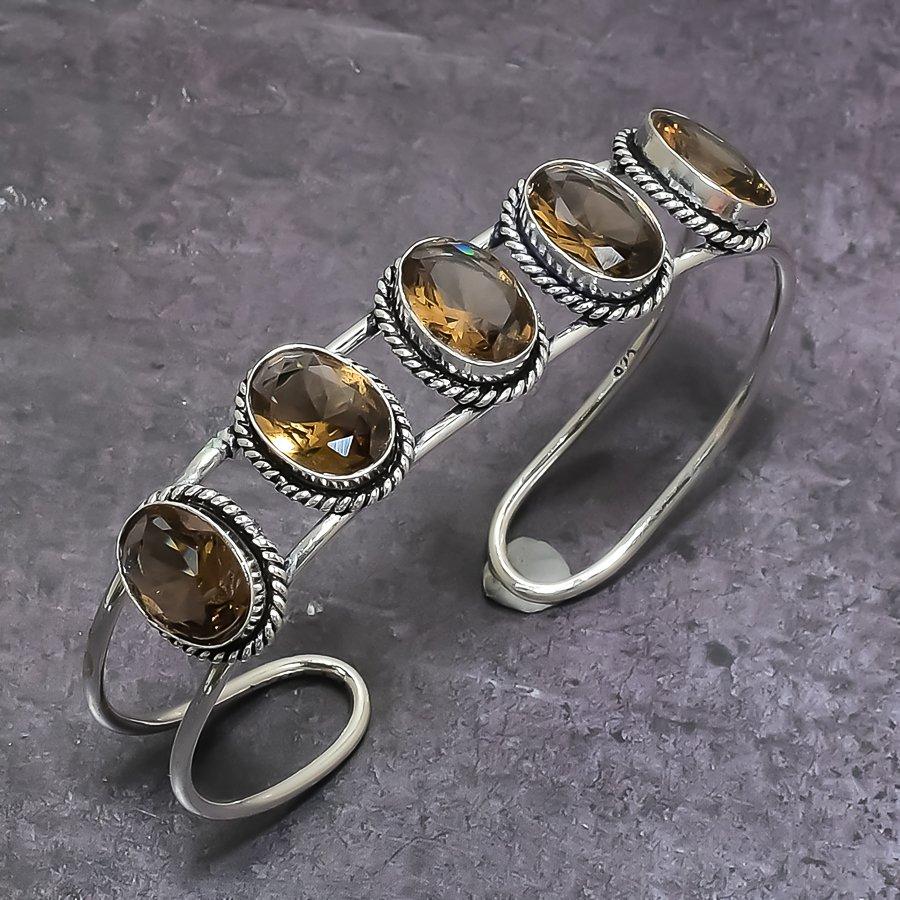 Smoky Topaz Gemstone 925 Sterling Silver Cuff Bangle Adjustable