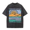 2026 Vintage Sunrise Mountain Lake Landscape Graphic Black Acid Washed T Shirt Retro Outdoor Inspirational Slogan Oversized Unis