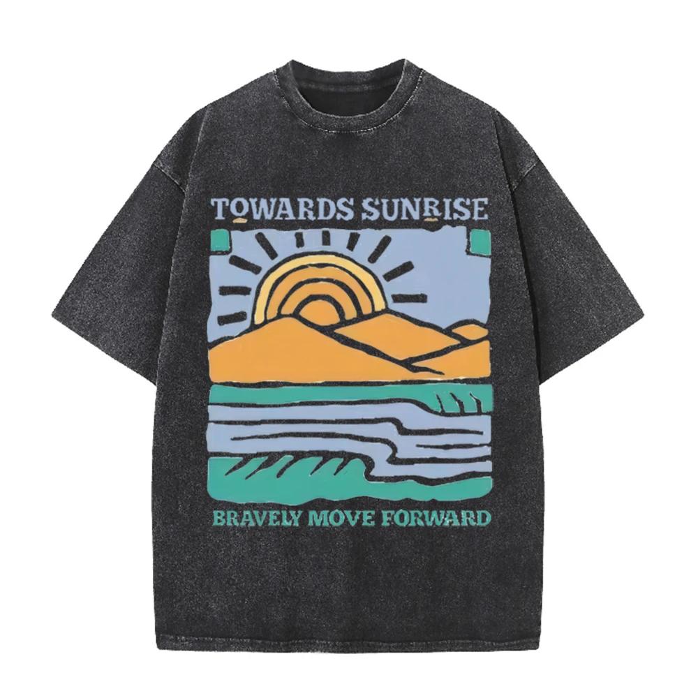 2026 Vintage Sunrise Mountain Lake Landscape Graphic Black Acid Washed T Shirt Retro Outdoor Inspirational Slogan Oversized Unis