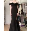 Royal Sister Temperament Socialite Banquet Dress One-word Shoulder Dress High-end Split Fork Waist Hip Fish Tail French Dress