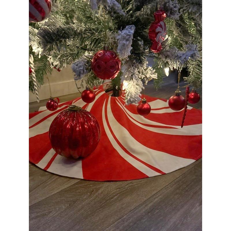 Red Swirl Christmas Tree Skirt, Candy Cane Red White Christmas Tree Skirt, Snowman Xmas Mat, Holiday Party Home Ornaments, for Christmas Decor