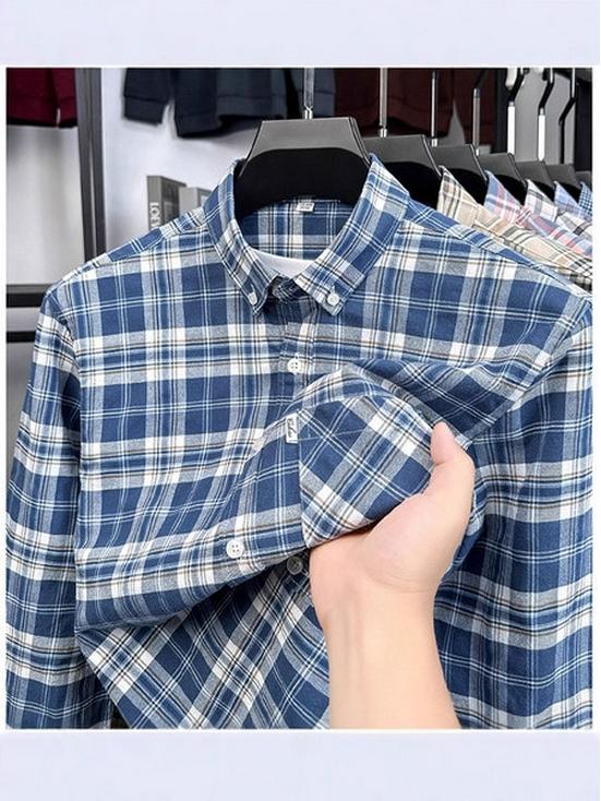 Herr Premium Långärmad Rutig Bomullsskjorta: Nedvikt krage, Vår/Höst Business Casual