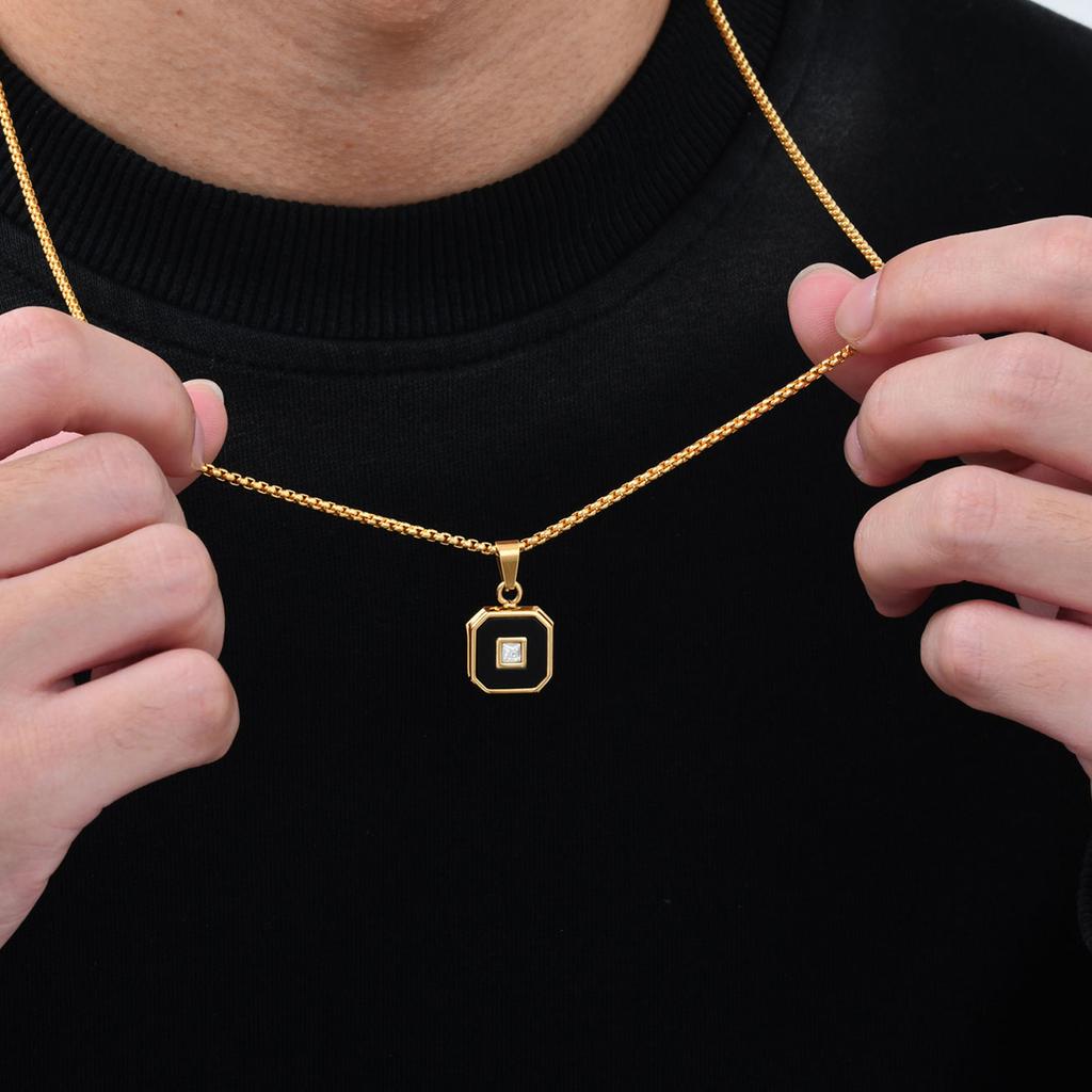 Stylish Square Pendant Necklaces for Men,Small Geometric Natural Stone Stainless Steel Pendant,Center Zircon Collars Gift